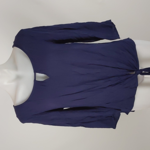 Jeanswest Top Size 8 Navy Blue 3/4 Sleeves Round Neck Tie-up Front Hi-Low Hem - Picture 3 of 14